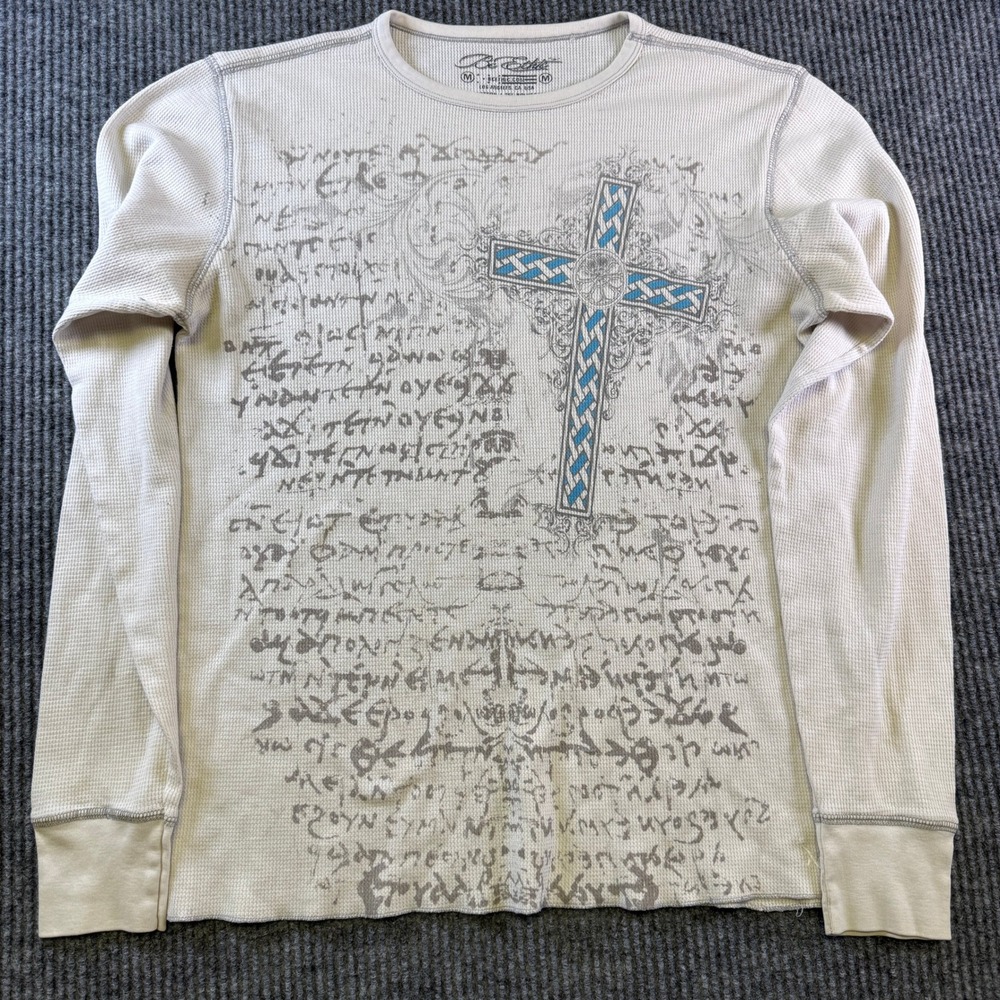 Be Ethic Thermal Shirt Medium Beige Cotton Blend Graphic Cross Long Sleeve Y2K